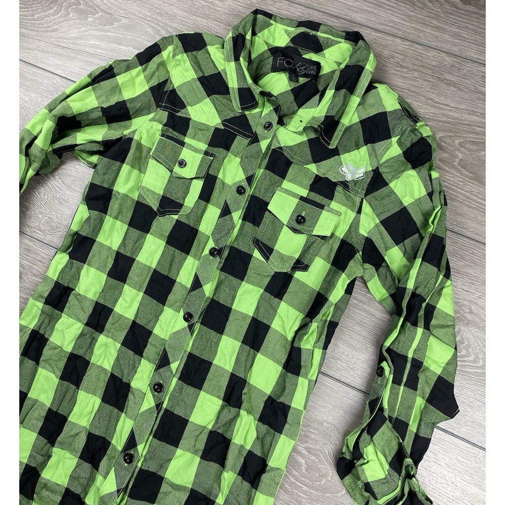 Fox Girls Racing Women's Button Up Flannel Shirt Green Size Large